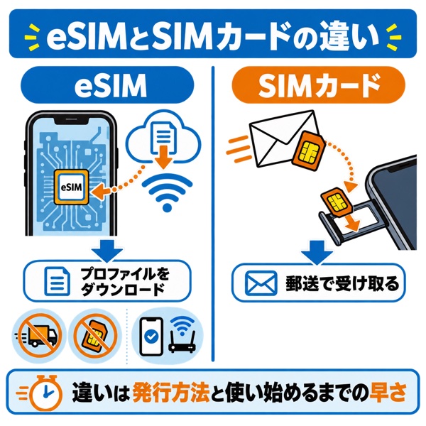 eSIMとSIMカードの違いを並べた対比図
