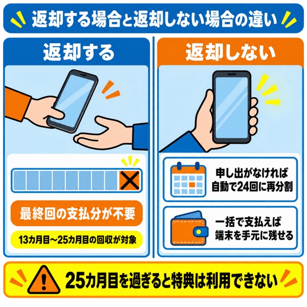 返却する場合と返却しない場合の支払いの違いを示す図
