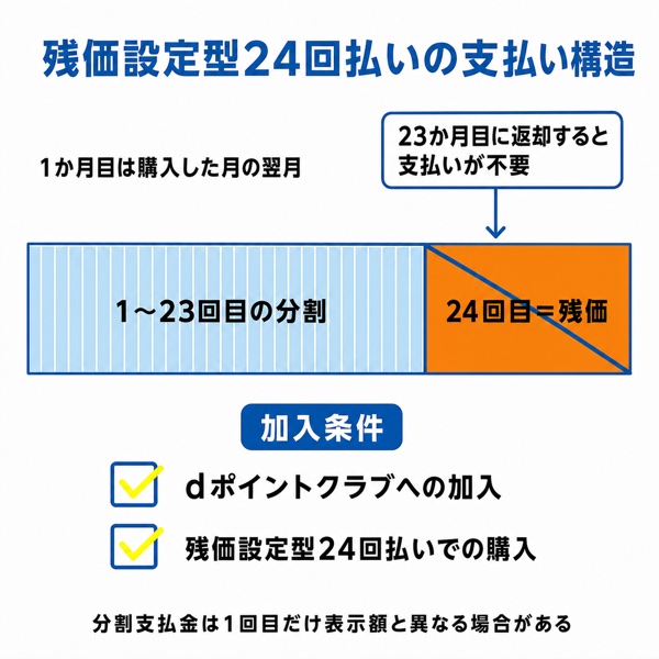 いつでもカエドキプログラムの支払い構造の図解(総額から残価を差し引いた額を1〜23回で分割し、24回目が残価。23か月目返却で24回目が不要になる)