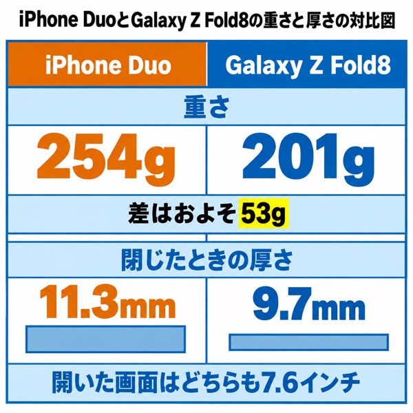 iPhone DuoとGalaxy Z Fold8の重さと厚さの対比図