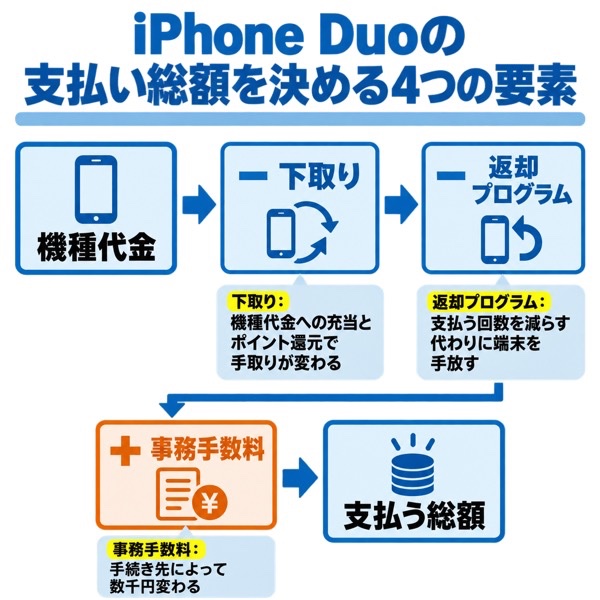 iPhone Duoの支払い総額を決める4つの要素の内訳図