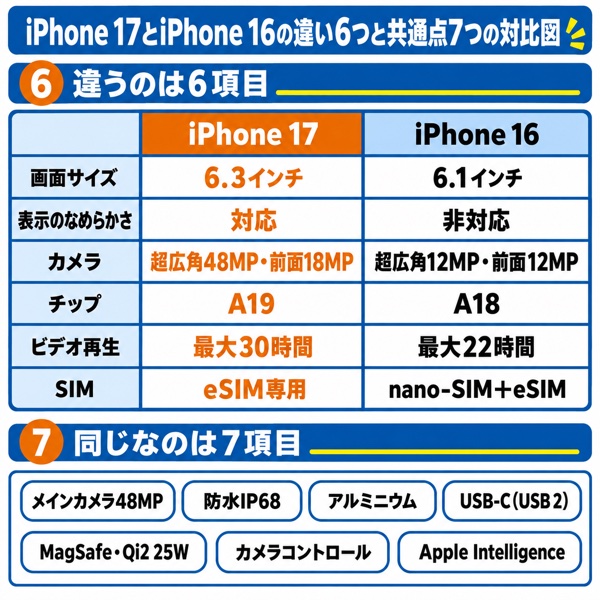 iPhone 17とiPhone 16の違い6つと共通点7つの対比図
