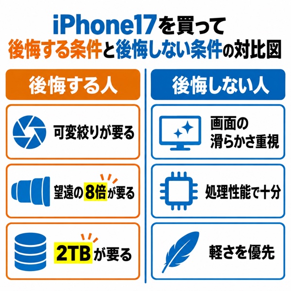 iPhone17を買って後悔する条件と後悔しない条件の対比図