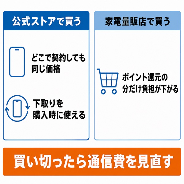 回線契約なしでiPhoneを買う選択肢（Apple Store・家電量販店）の対比図