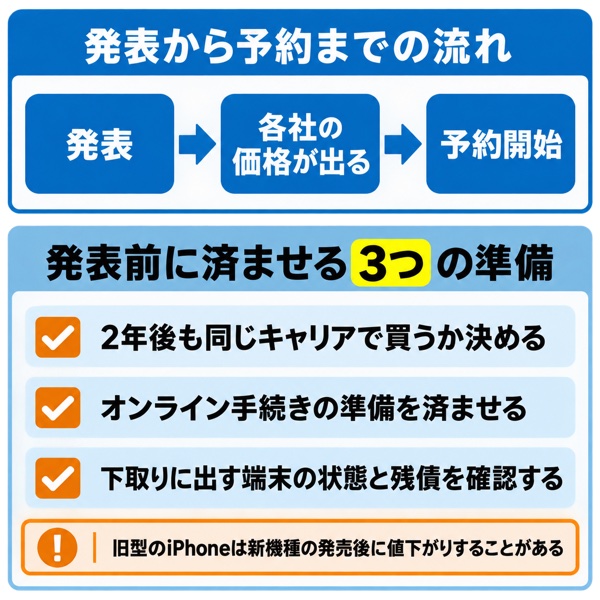 発表から予約・発売までの流れと、その前に済ませる3つの準備のフロー図