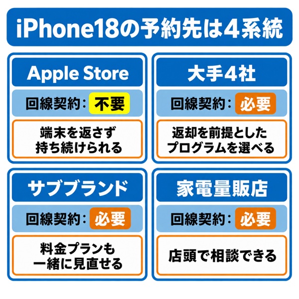 iPhone18の予約先4系統の比較（回線契約の要否と端末代の払い方）