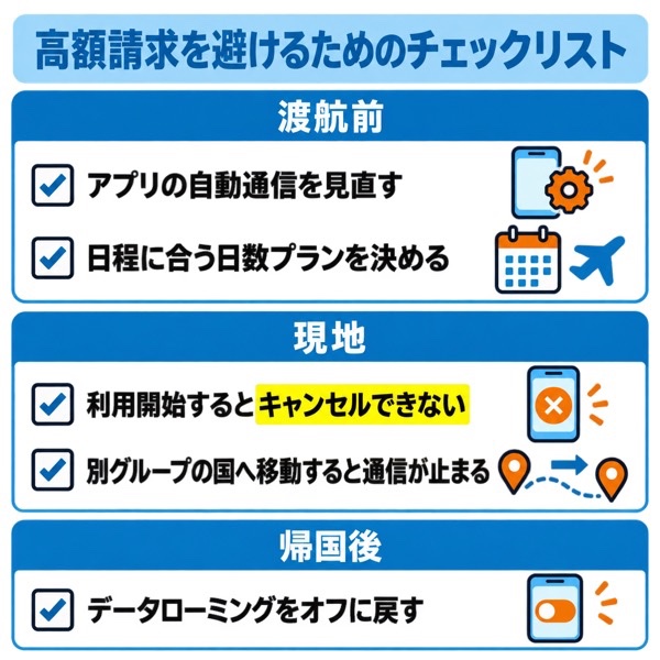 高額請求を避けるための渡航前・現地・帰国後のチェックリスト