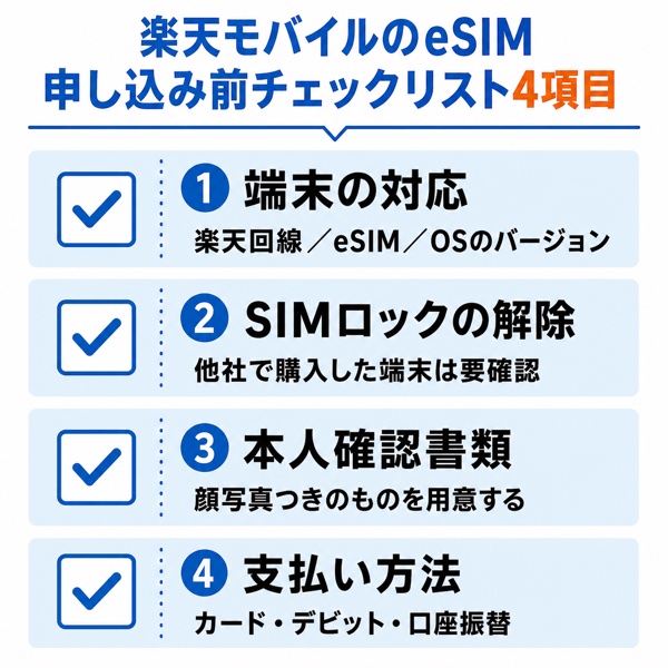楽天モバイルのeSIM申し込み前チェックリスト4項目