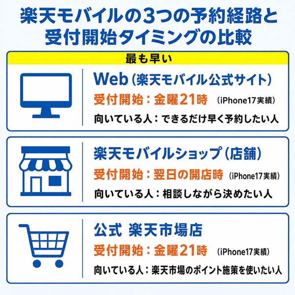 楽天モバイルの3つの予約経路と受付開始タイミングの比較