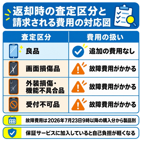 返却時の査定区分と請求される費用の対応図(良品・画面損傷品・外装損傷/機能不具合品・受付不可品)
