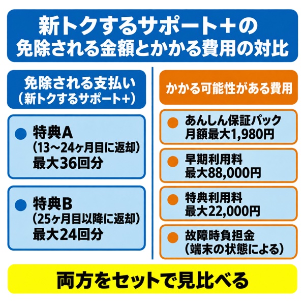新トクするサポート+の免除される金額とかかる費用の対比