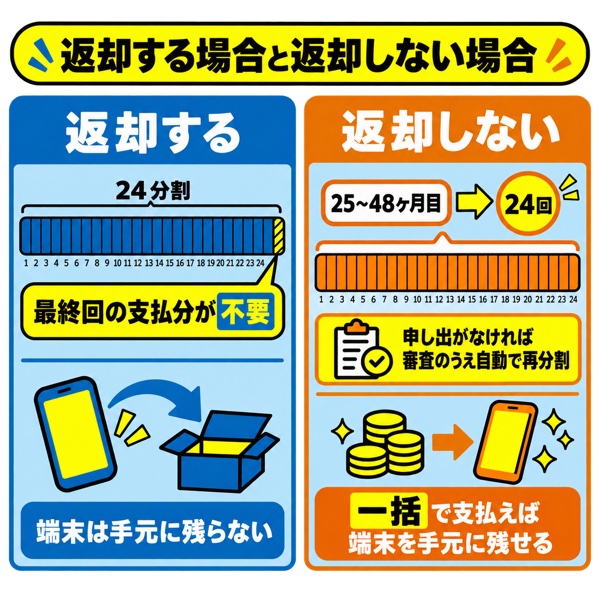 返却する場合と返却しない場合の支払いの違いを示す図