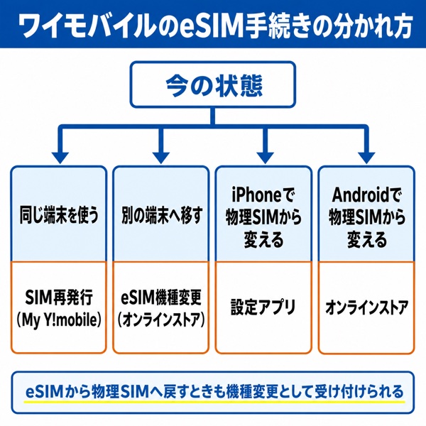 ワイモバイルのeSIM手続きの分かれ方(今のSIM・端末・移行先で決まる分岐図)