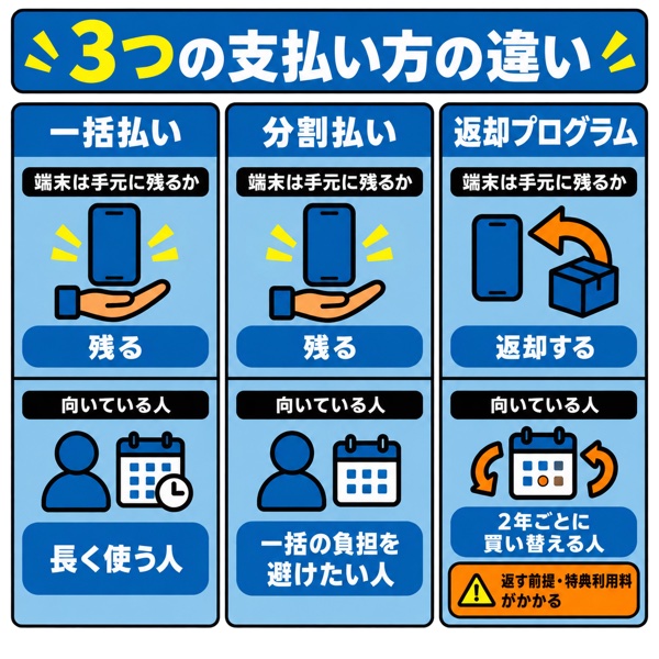 一括・分割・返却プログラムの支払い構造の違い