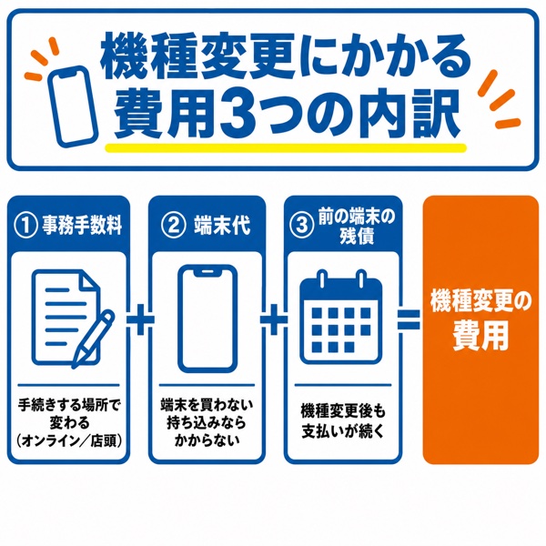 機種変更にかかる費用3つの内訳（事務手数料・端末代・残債）の図解